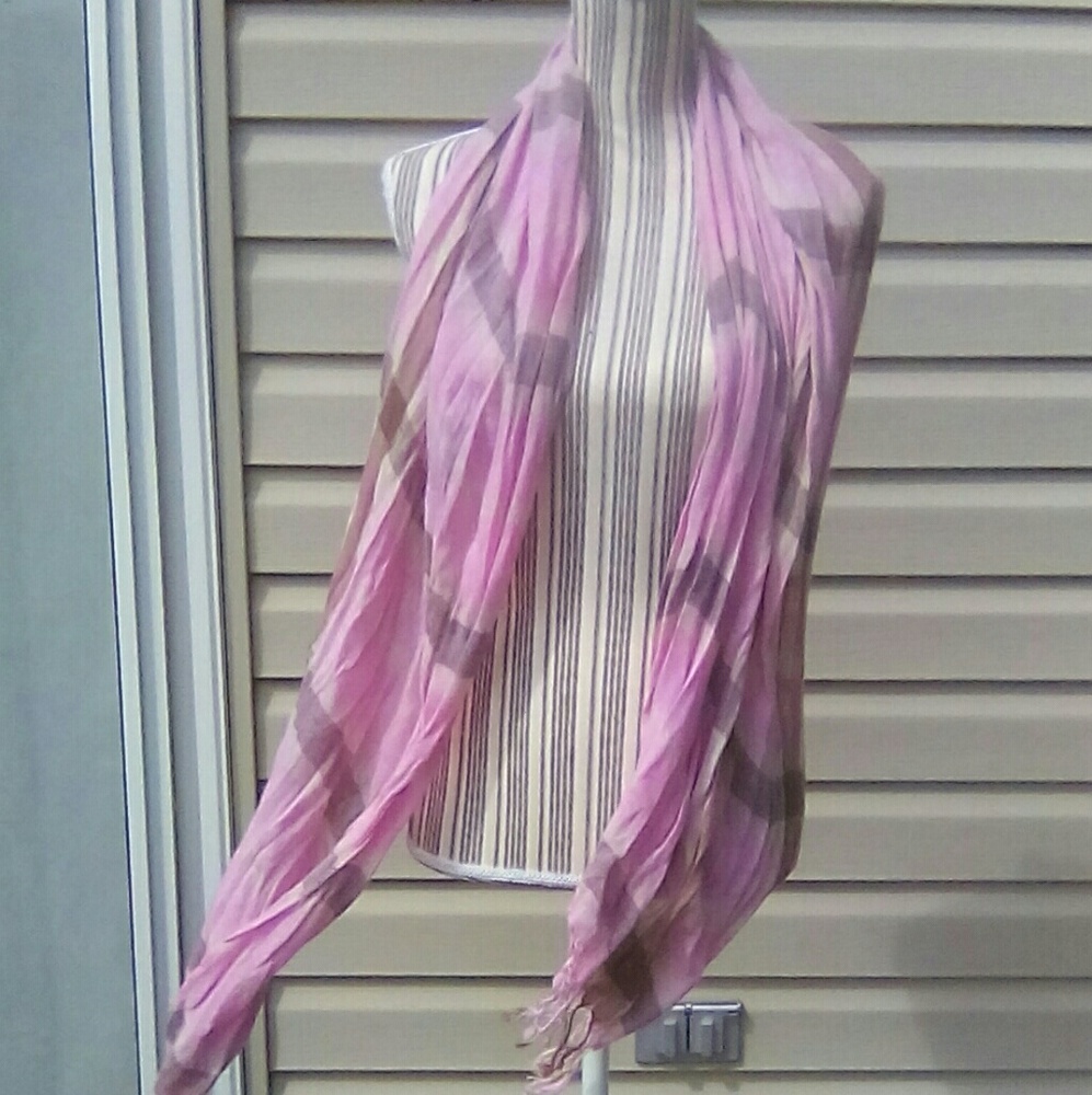 Designer Pink & Brown Plaid Scarf with Fringe
